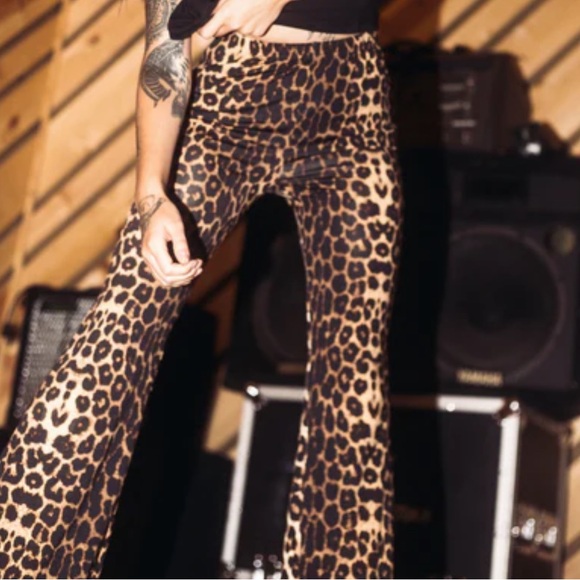 Leopard bell bottom pants flared rave club dance festival party animal print new - Picture 2 of 3